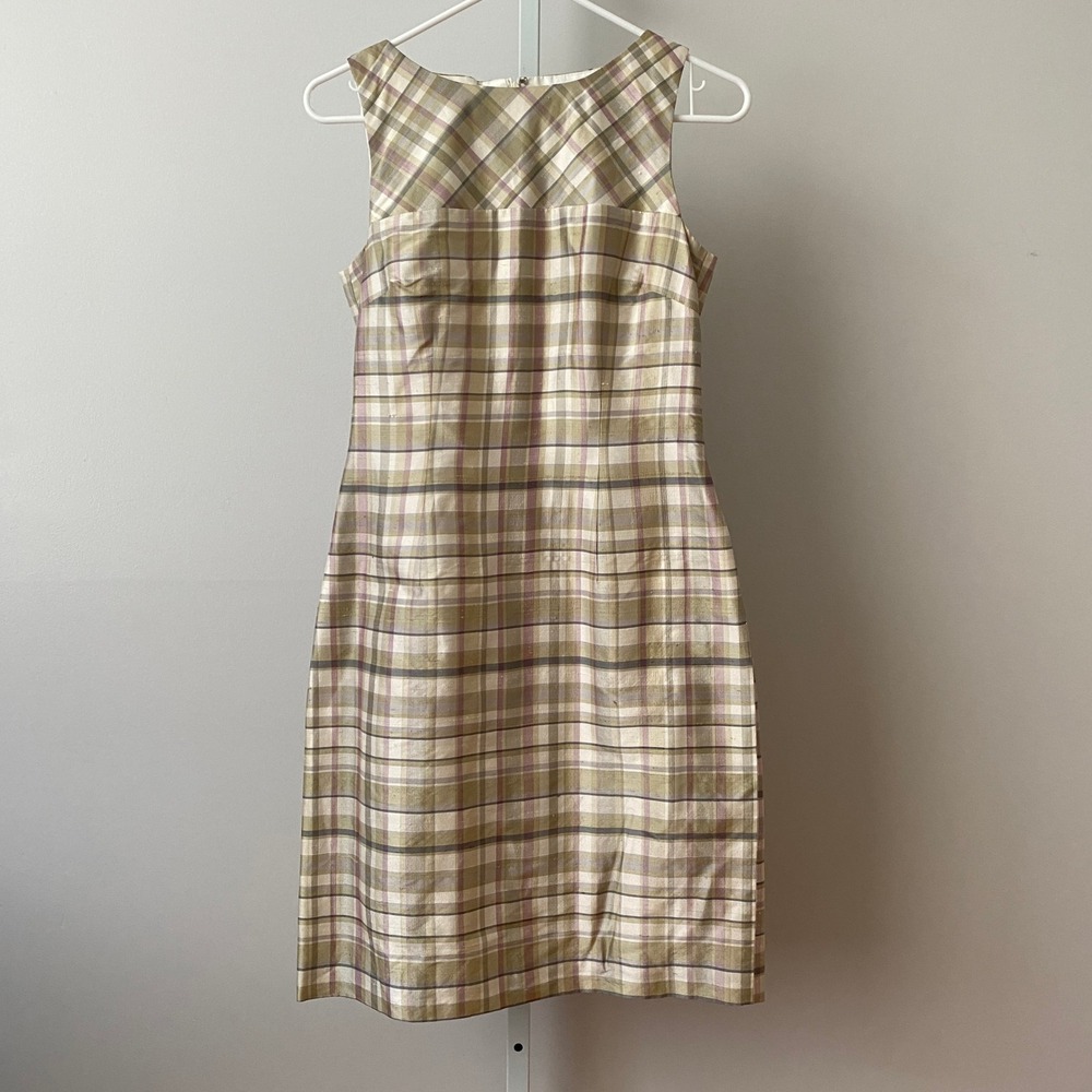 Ann Taylor 4 Multicolor Plaid Silk Sheath Dress Sleeveless Back Zip Classic